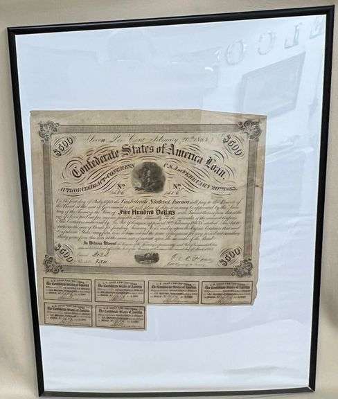 Framed $500 Confederate States of America Bond w/ 6 Coupons