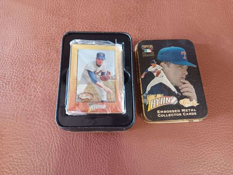 5 Nolan Ryan Embossed Metal Collector Cards in Metal Tin