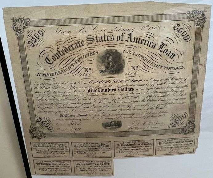 Framed $500 Confederate States of America Bond w/ 6 Coupons