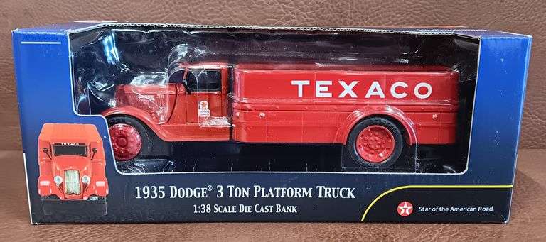 Texaco 1935 Dodge 3 Ton Platform Truck Die Cast Coin Bank, In Original Box w/ COA