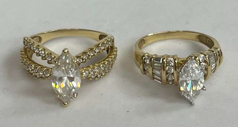 (2) 14k Gold Rings, 12g Total, White Artificial Stones