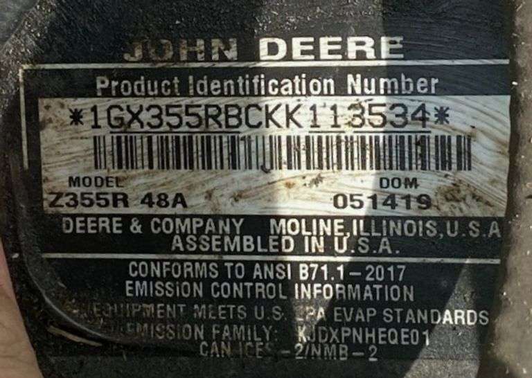 John Deere Z355R 48" Zero Turn Lawn Mower, 22hp Briggs & Stratton Engine, Runs & Operates