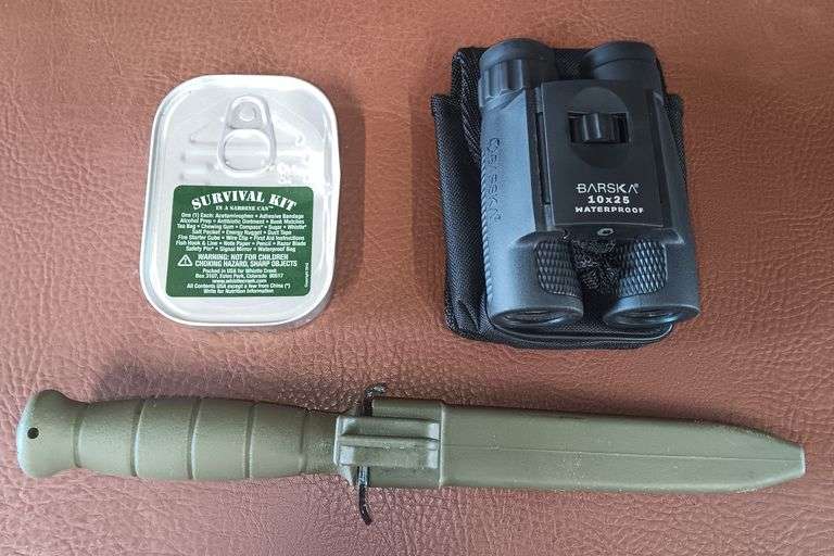 Glock 81 Field Knife, Barska 10x25 Waterproof Binoculars & Survival Kit In A Sardine Can