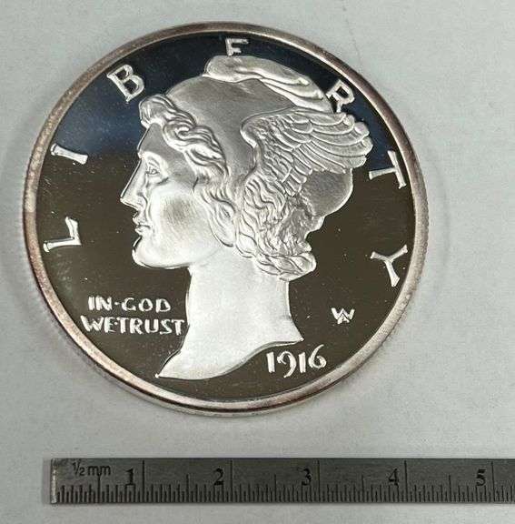 2 Ounce 1916 Mercury Dime Tribute, .999 Fine Silver, Bullion Round
