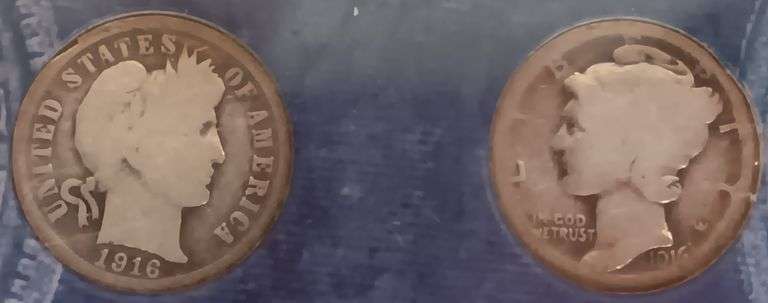 (1) 1916 Double Dated Silver Barber Dime & (1) 1916 Double Dated Silver Mercury Dime
