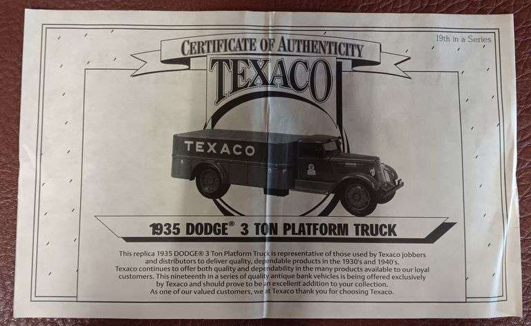 Texaco 1935 Dodge 3 Ton Platform Truck Die Cast Coin Bank, In Original Box w/ COA