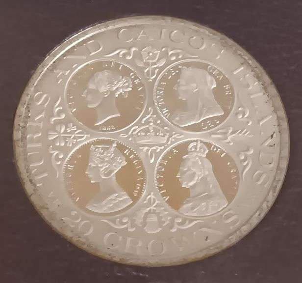 1976 Turks And Caicos Islands Queen Victoria 20 Crowns .925 Silver Coin
