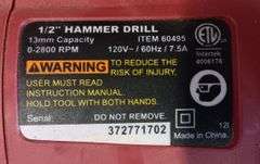Chicago Electric 1/2" Variable Speed Reversible Hammer Drill, New In Box, Does Work