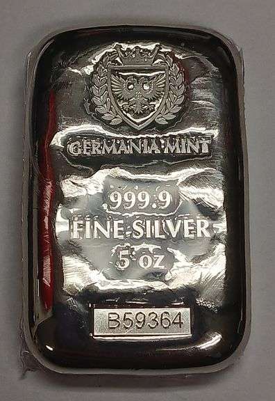 Germania Mint 5oz 999.9 Fine Silver Bar, In Original Box, Still Wrapped In Plastic