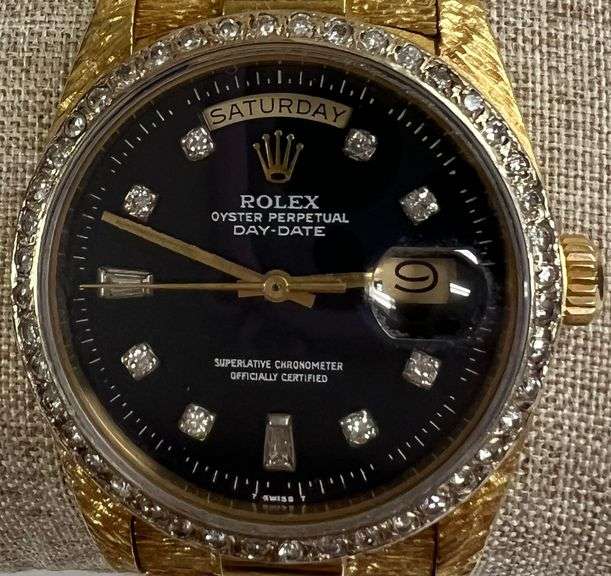 Rolex, Men's 18k Gold President, 36mm Day-Date w/ Diamond Bezel & Dial, Bark Finish Band, Model # 18038, With Original Boxes & Original Paperwork, Does Run & Work