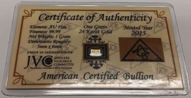 One Grain of .9999 Fine 24kt Solid Gold Bar w/ COA