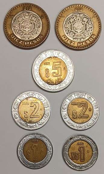 (7) Mexican Coins - (2) 10 Pesos, (1) 5 Pesos, (2) 2 Pesos, & (2) 1 Peso