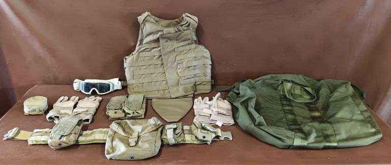 US Military Tactical Gear Lot, Aviator's Kit Bag, Unicor Body Armor Plate Carrier Vest, Tactical Belt, 2) Pairs of Gloves, Goggles, Gun Cleaning Kit & Magazine Holsters