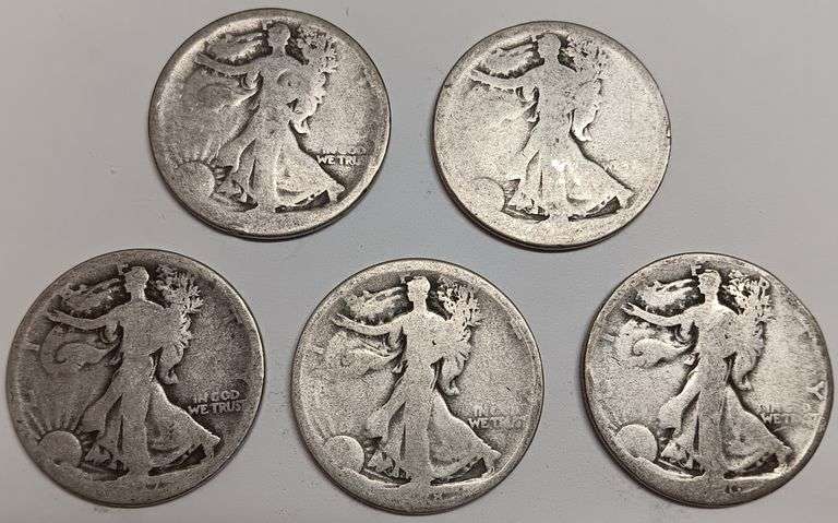 (5) Walking Liberty Silver Half Dollars, 5 times the money