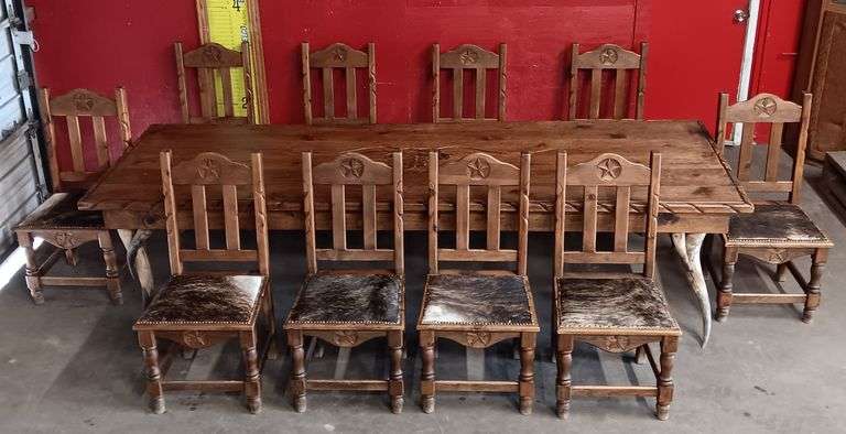 Custom, Handmade, Longhorn Table w/ 10 Cowhide Seat Upholstered Chairs. The Table Legs Are Actual Longhorn Horns!
