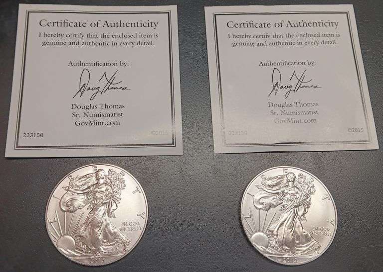 (2) 2015 Silver Eagle Coins w/ COA's, 2 times the money