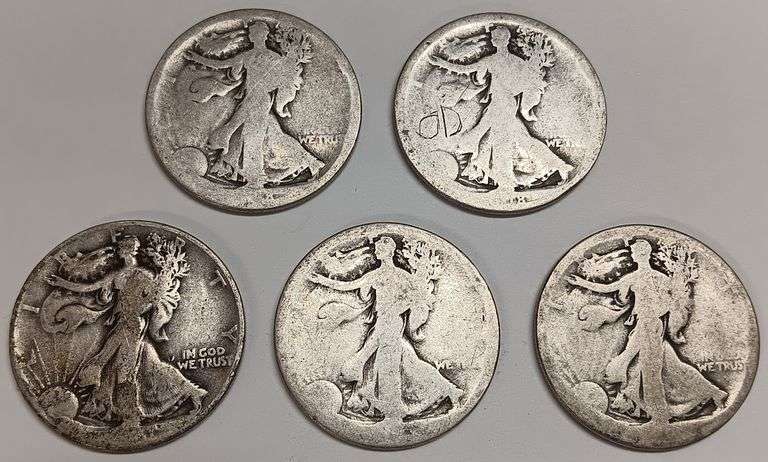 (5) Walking Liberty Silver Half Dollars, 5 times the money