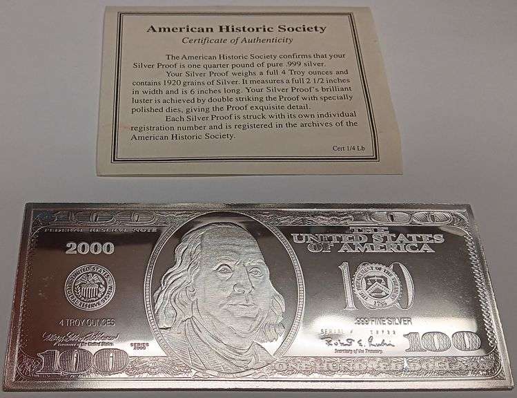 4 Troy Oz .999 Fine Silver $100 Federal Reserve Note w/ COA