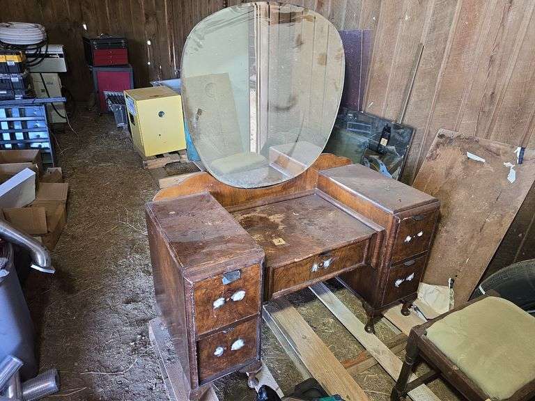 VINTAGE SOLID WOOD VANITY. 44" W X 20 1/2" D X 53 3/4" T.