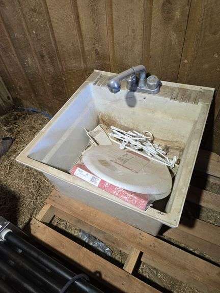 SHOP SINK WITH LEGS AND TOILET SEAT. 23 3/4" W X 25 3/4" D X 13 1/2" T.