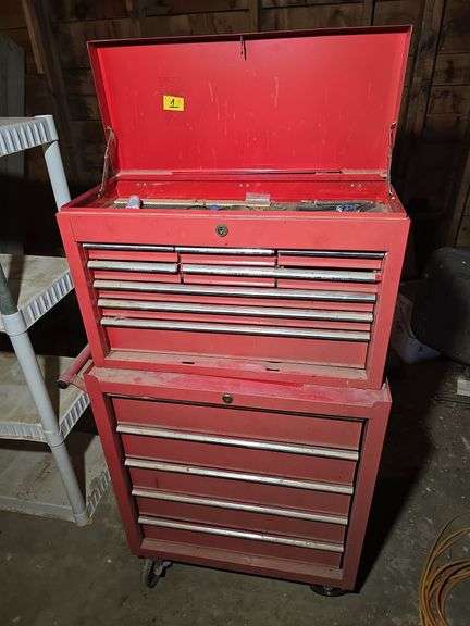 ROLLING TOOL BOX WITH TOOL BOX ON TOP.