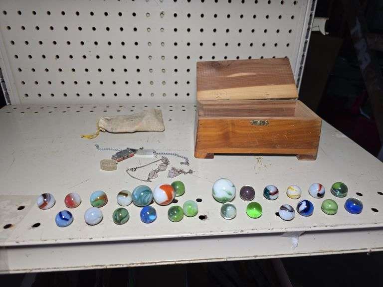 MARBLES, JEWELRY BOX, AND JEWELRY.