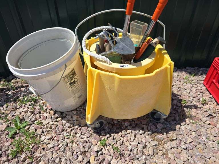 GARDEN TOOLS AND BUCKETS.