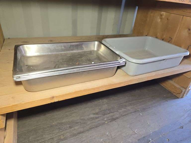 HOTEL PANS AND PLASTIC TOTE.