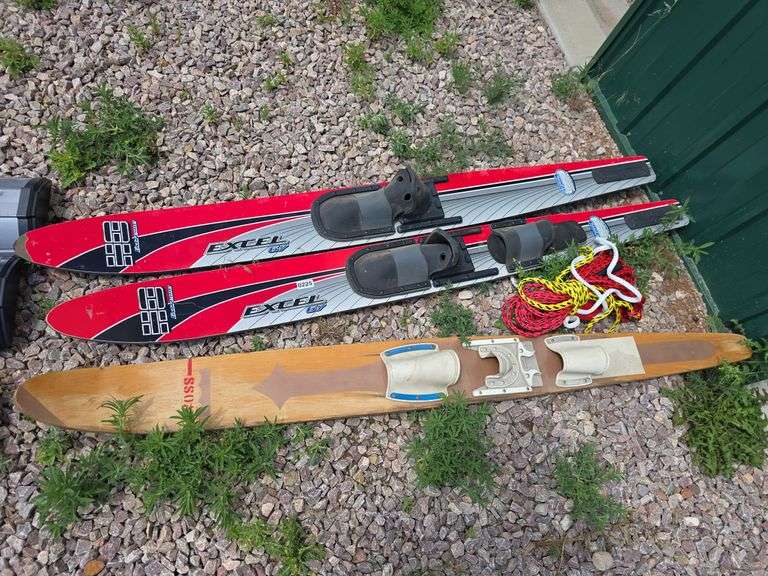 WATER SKIIS AND ROPE.