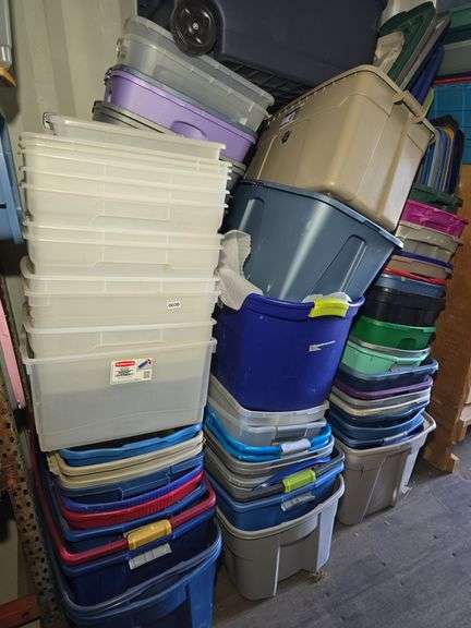 3 STACKS OF TOTES, NO LIDS. NO CONTENTS INCLUDED.