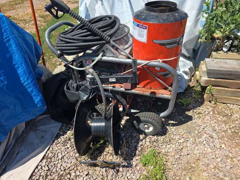 ALKOTA 120AX4 ELECTRIC PRESSURE WASHER WITH DIESEL BURNER AND HOSE REEL. OWNER STATES IT WORKS.