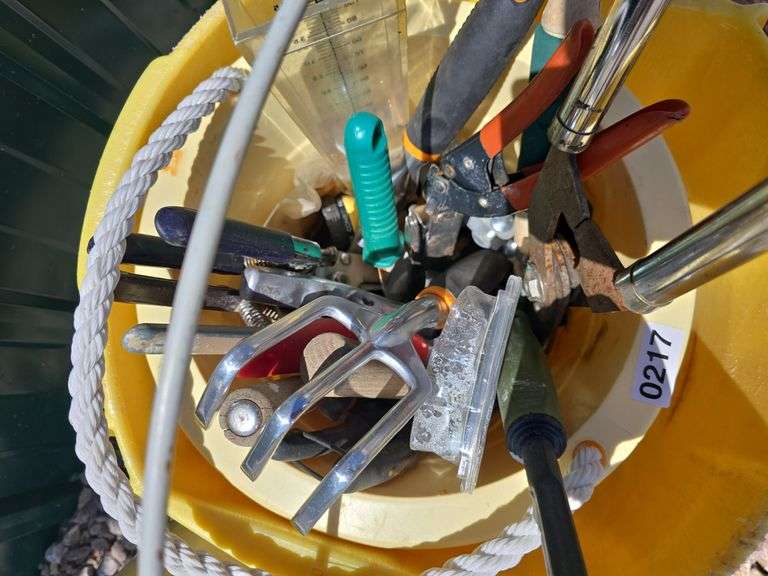 GARDEN TOOLS AND BUCKETS.