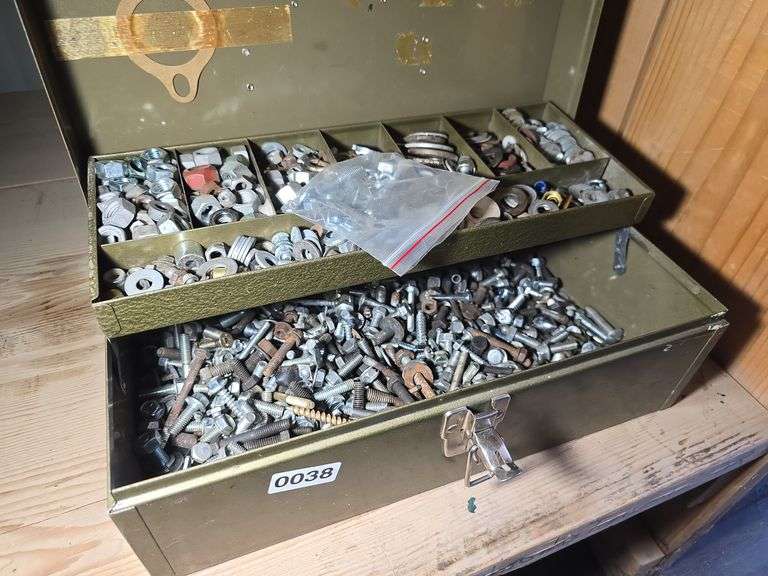 METAL TOOL BOX WITH HARDWARE.