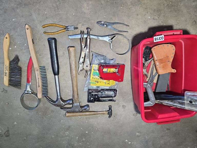 C CLAMP, PLIERS, VICE GRIPS, OIL FILTER WRENCHES, NEW WIRE BRUSH, STAPLERS, HAMMER