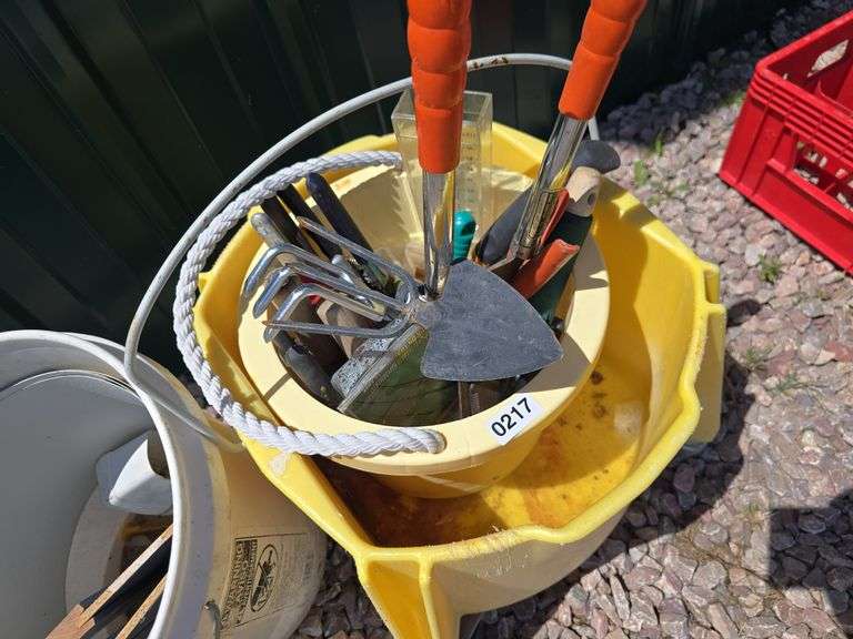 GARDEN TOOLS AND BUCKETS.