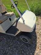 COLUMBIA GAS GOLF CART. RUNS REALLY GOOD! CAN'T SET PARK BRAKE, BRACKET NEEDS REPAIR. BATTERY. GOOD WHEELS AND TIRES JUST PUT ON!