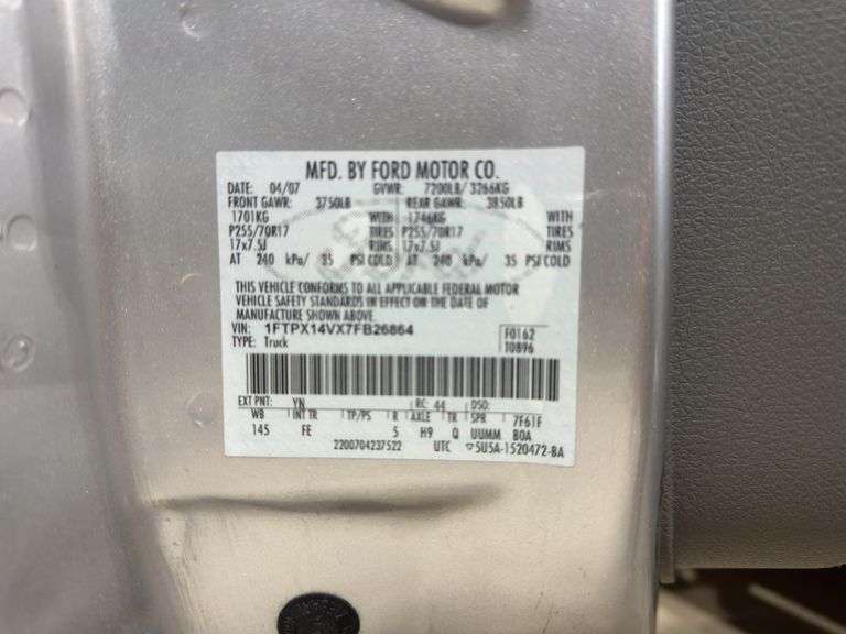 2007 FORD F-150 Styleside 1FTPX14VX7FB26864  VMI-2519-1572-MI