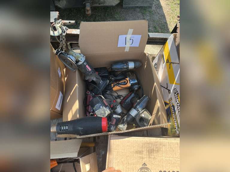 Assorted electric tools and battery operated tools. Heat gun, side grinders, drills with chargers. ￼