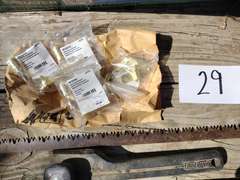 Handrail brackets, ball peen hammer, bow saw, Red devil hand sander.