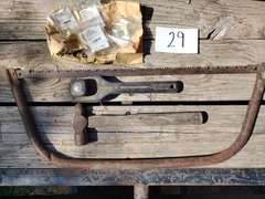 Handrail brackets, ball peen hammer, bow saw, Red devil hand sander.