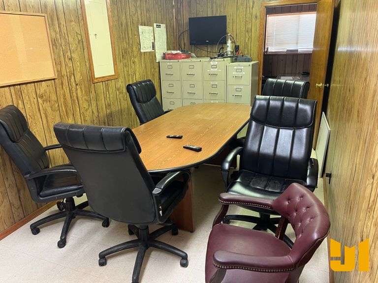 CONFERENCE TABLE W/6 OFFICE CHAIRS, RCA TV, 4 FILING CABINETS