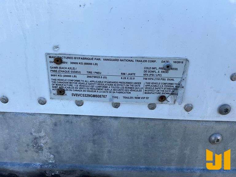 2016 VANGUARD NATIONAL TRAILER CORPORATION (VNTC) REM VXP 53' 53'X102" VAN TRAILER VIN: 5V8VC5329GM6