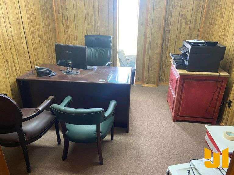 OFFICE DESK W/3 CHAIRS, BOOKCASE, 2 PRINTERS & SIDE TABLE