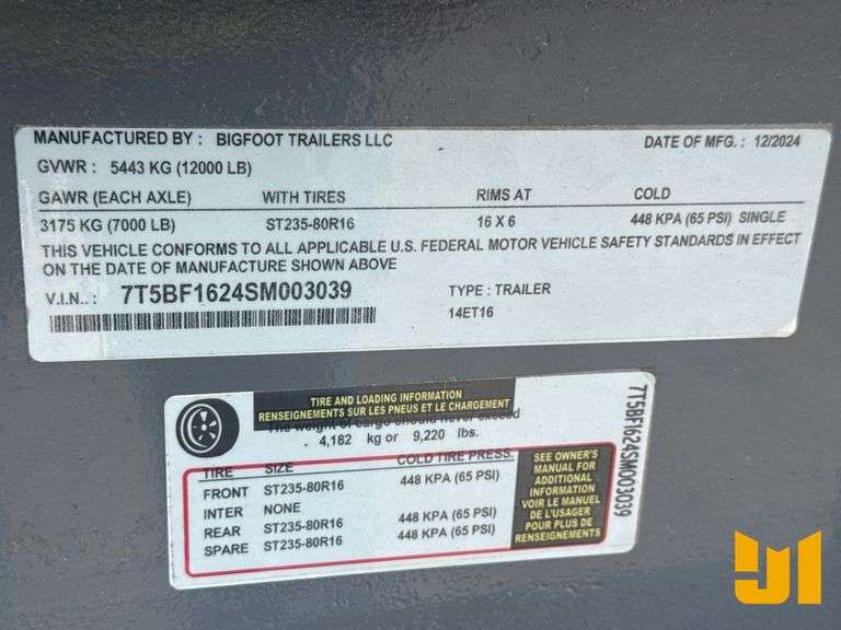 2025 BIGFOOT TRAILERS 14ET16 EQUIPMENT TRAILER 6'6"X14' VIN: 7T5BF1624SM003039