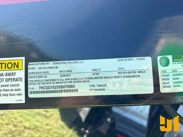 2025 TEXAS PRIDE 16' DUMP TRAILER VIN: 7HCGD1625SB070084