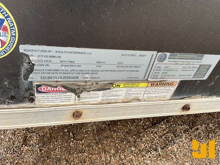 2018 STEALTH ENTERPRISE LLC ENCLOSED TRAILER 7'X16' VIN: 52LBE162XJE063436