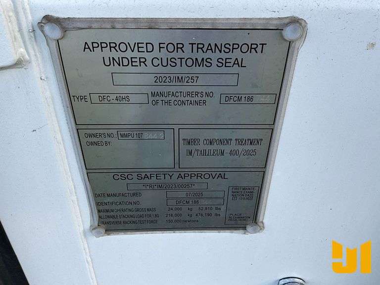 2025 TIMBER COMPONENT TREATMENT 40' HIGH CUBE CONTAINER SN: MMPU1078442