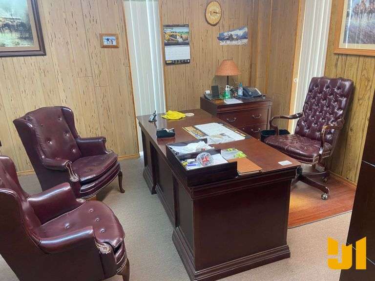 OFFICE DESK W/3 CHAIRS, BOOKCASE & 2 FILING CABINETS