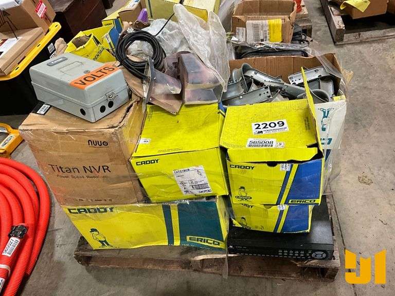 PALLET OF VARIOUS BRACKETS, CONDUIT CLAMPS, WIRE