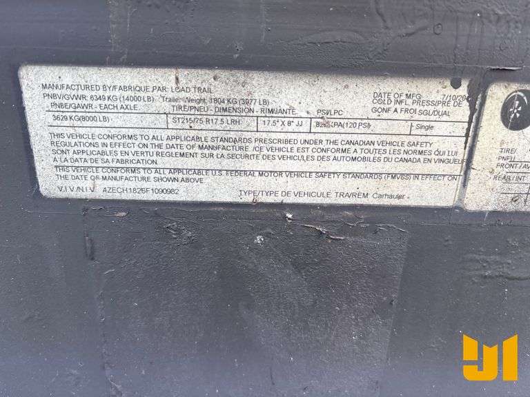 2015 LOAD TRAIL TAG A LONG EQUIPMENT TRAILER VIN: 4ZECH1826F1090982